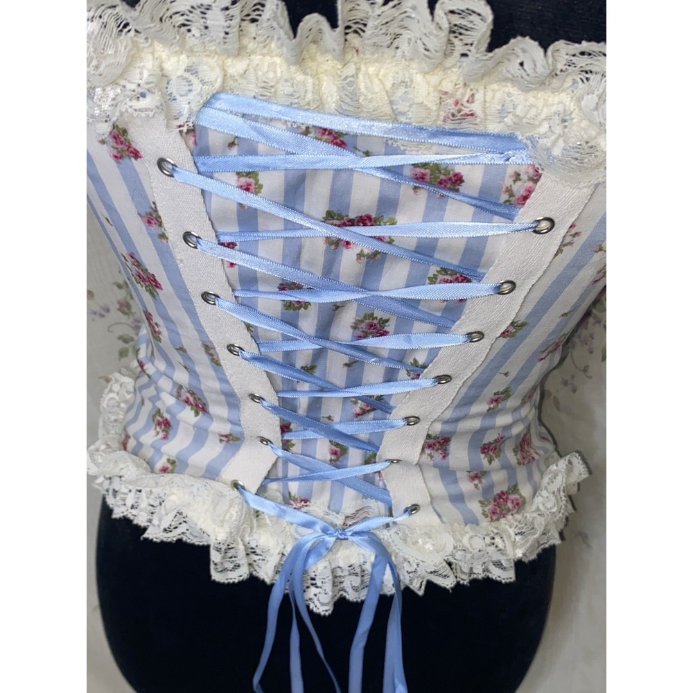 RARE Hell Bunny Corset XS Cottagecore Blue Floral And Lace Velvet Straps - Picture 8 of 15